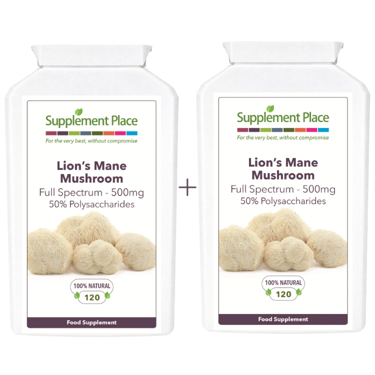 Lion's Mane Mushroom, 500mg, 50% polysaccharides, 240 capsules supplied in 2 x recyclable, letterbox-friendly pot.