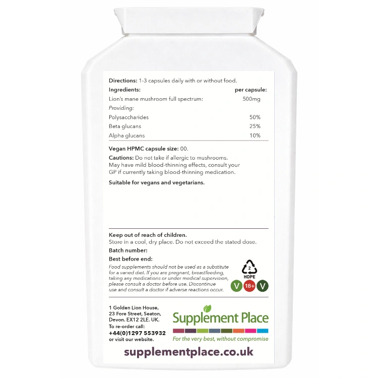Lion's Mane Mushroom, 500mg, 50% polysaccharides, Supplied in recyclable, letterbox-friendly pot.