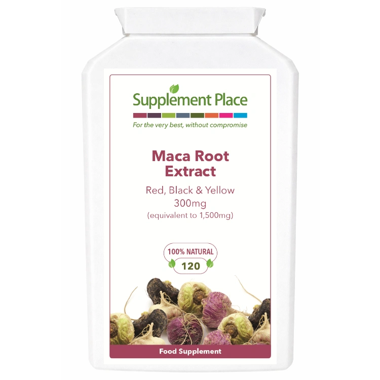 Maca Root extract, red, yellow and black. 300mg, equivalent to 1,500mg. 120 capsules supplied in a recyclable, letterbox-friendly pot.