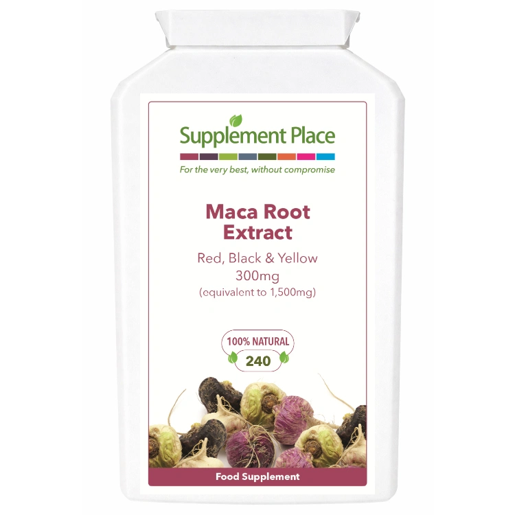 Maca Root extract, red, yellow and black. 300mg, equivalent to 1,500mg. 240 capsules supplied in a recyclable, letterbox-friendly pot.