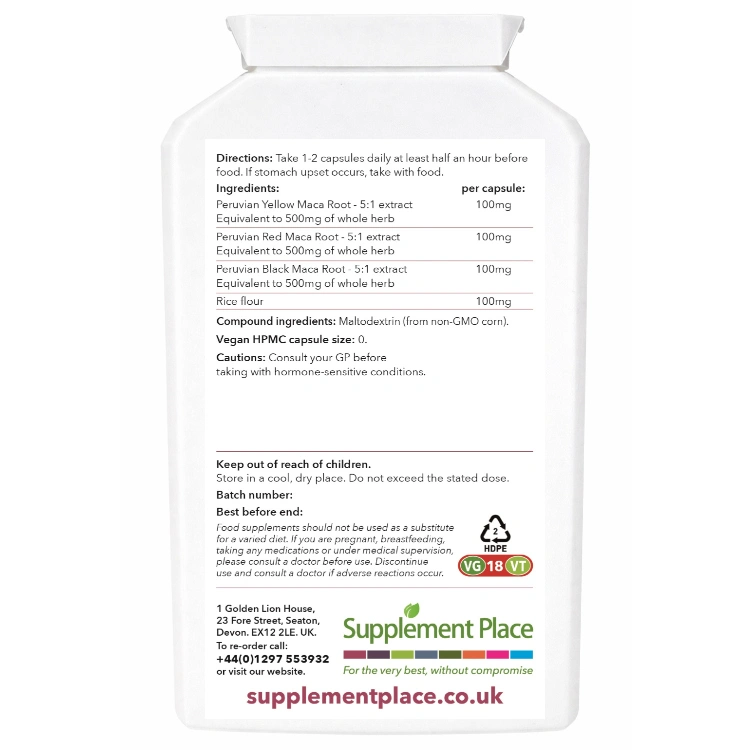 Maca Root extract, red, yellow and black. 300mg, equivalent to 1,500mg. Supplied in a recyclable, letterbox-friendly pot.