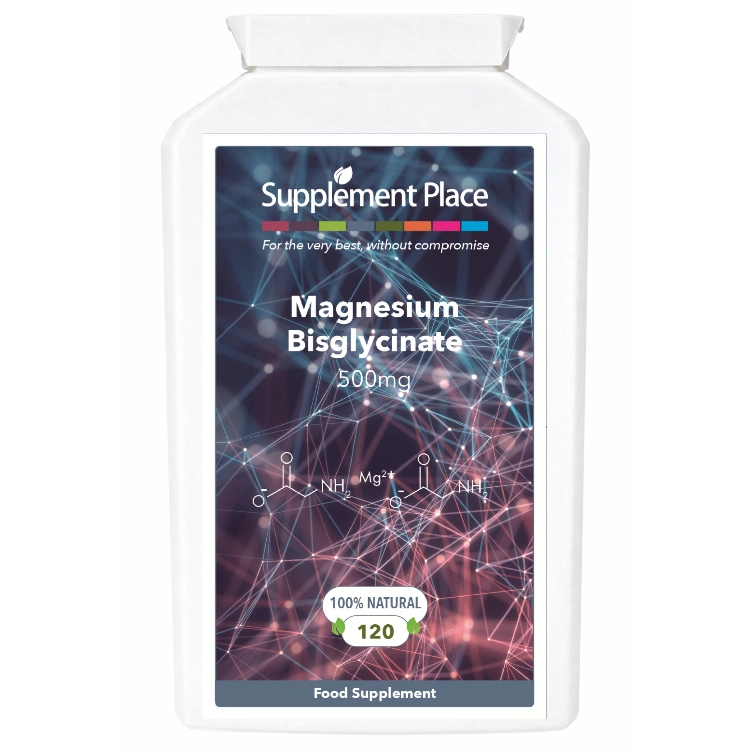 Magnesium Bisglycinate, 500mg capsules. Buffered and chelated. 120 capsules supplied in a recyclable, letterbox-friendly pot.