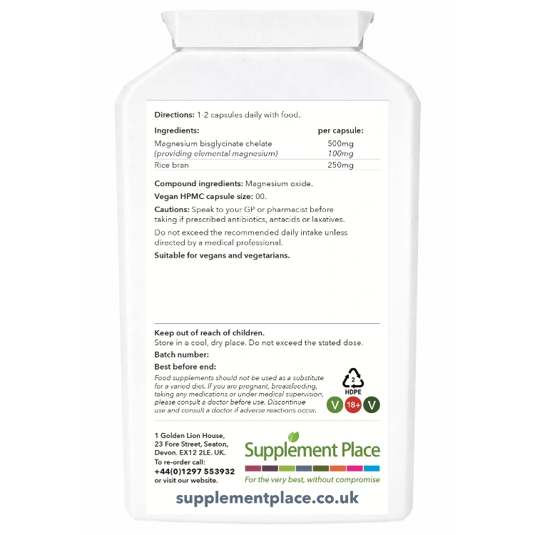 Magnesium Bisglycinate, supplied in recyclable, letterbox-friendly pots.