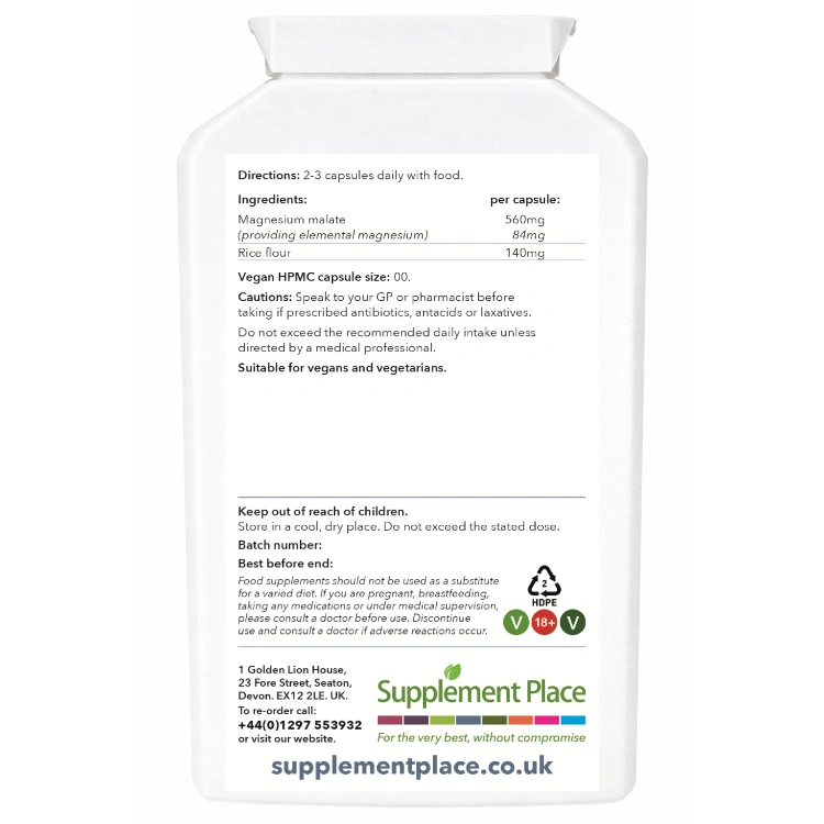 Magnesium malate, 560mg. , supplied in a recyclable, letterbox-friendly pots. Large pot, rear label