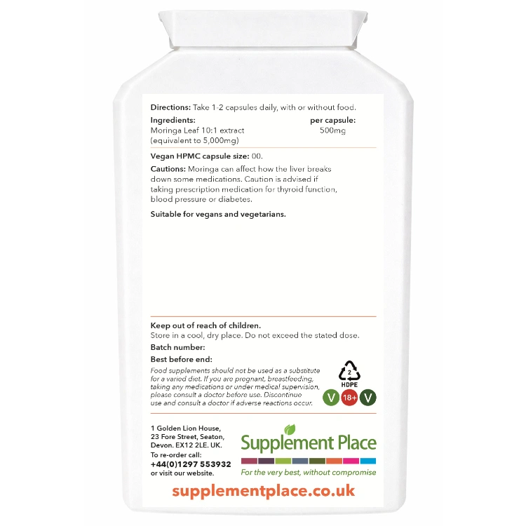 Moringa leaf extract, 500mg equivalent to 5,000mg. Nootropic complex, brain health supplement. supplied in a recyclable, letterbox-friendly pots.