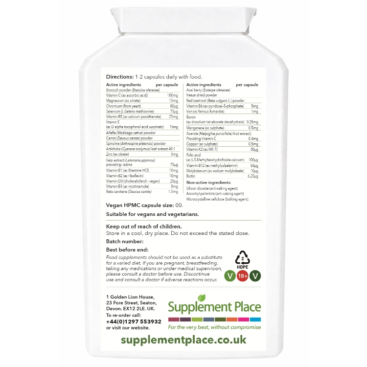 Wholefood multivitamins and minerals. supplied in a recyclable, letterbox-friendly pots. Large pot, rear label.