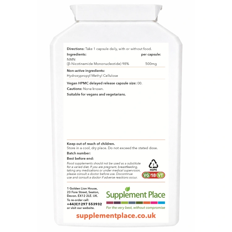 NMN nicotinamide mononucleatide 500mg capsules.supplied in recyclable, letterbox-friendly pots. Large pot, rear label
