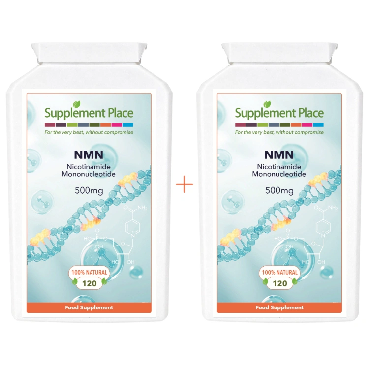 NMN nicotinamide mononucleatide 500mg capsules. 240 capsules supplied in 2 x recyclable, letterbox-friendly pots.