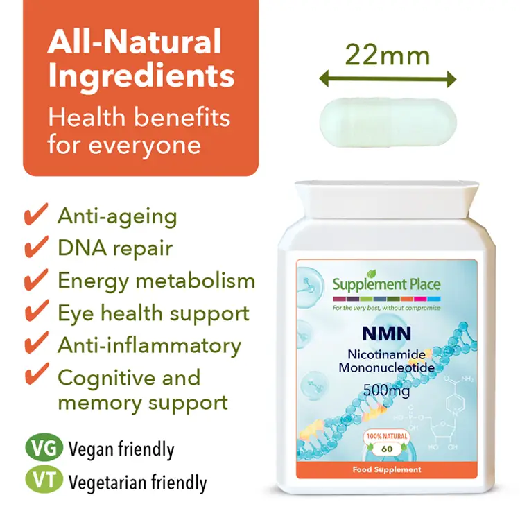 NMN Nicotinamide Mononucleotide 500mg capsules, 98% purity. Supplied in a heat-sealed, reyclablable, letterbox-friendly pot. Benefits image