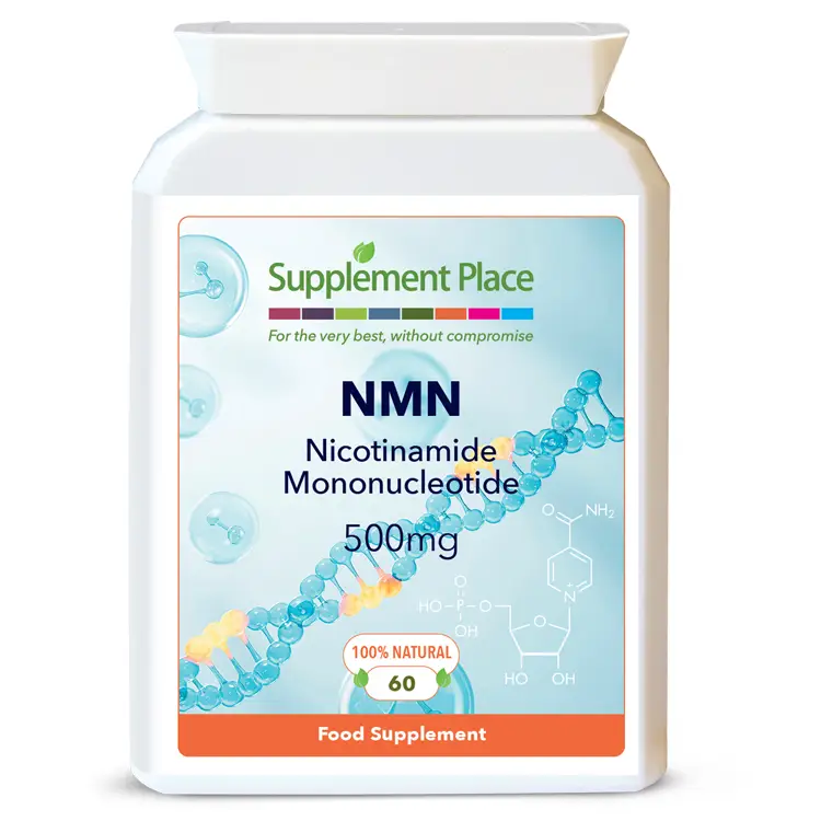 NMN Nicotinamide Mononucleotide 500mg capsules, 98% purity. Supplied in a heat-sealed, reyclablable, letterbox-friendly pot.