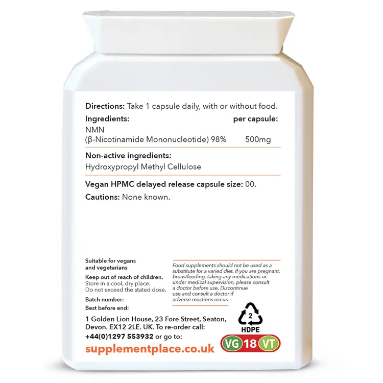 NMN Nicotinamide Mononucleotide 500mg capsules, 98% purity. Supplied in a heat-sealed, reyclablable, letterbox-friendly pot.