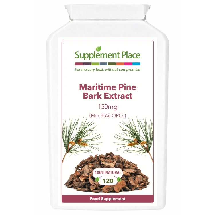 Maritime pine bark extract, 150mg capsules, 95% OPCs, 120 capsules supplied in a recyclable, letterbox-friendly pots.