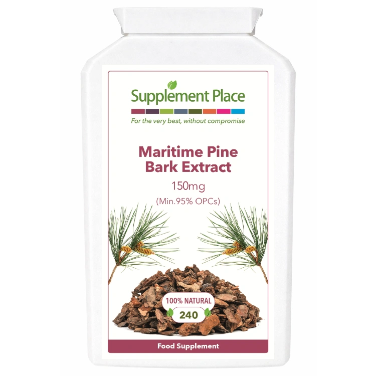 Maritime pine bark extract, 150mg capsules, 95% OPCs. 240 capsules supplied in a recyclable, letterbox-friendly pots.