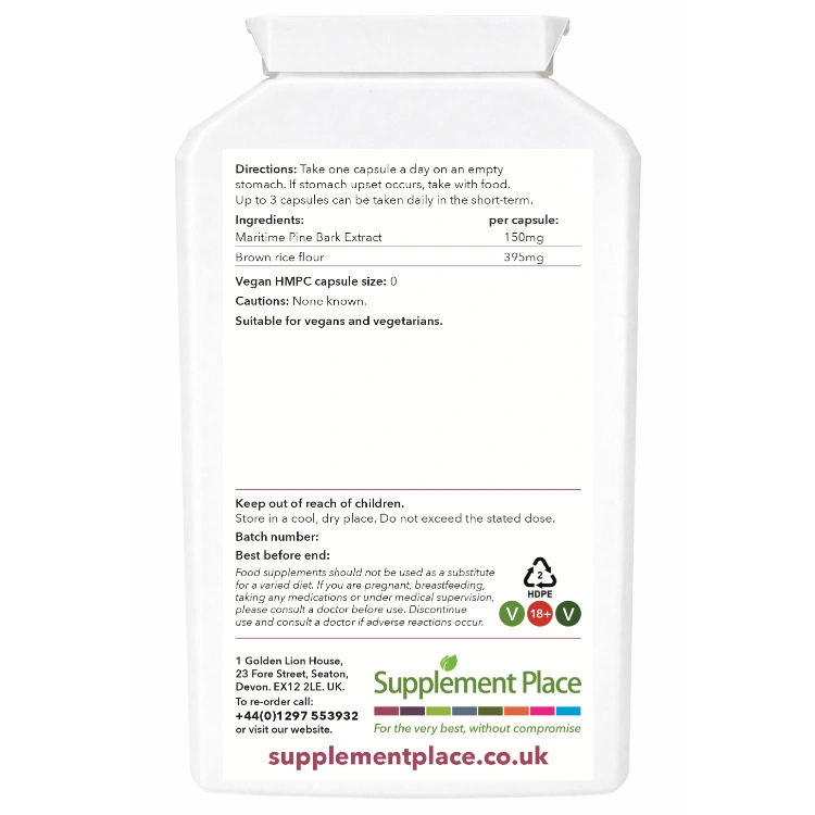 Maritime pine bark, 150mg capsules, 95% OPCs. Pre-collagen, 500mg amino acid complex, vegan collagen. 240 capsules supplied in a recyclable, letterbox-friendly pots. Large pot, rear label.