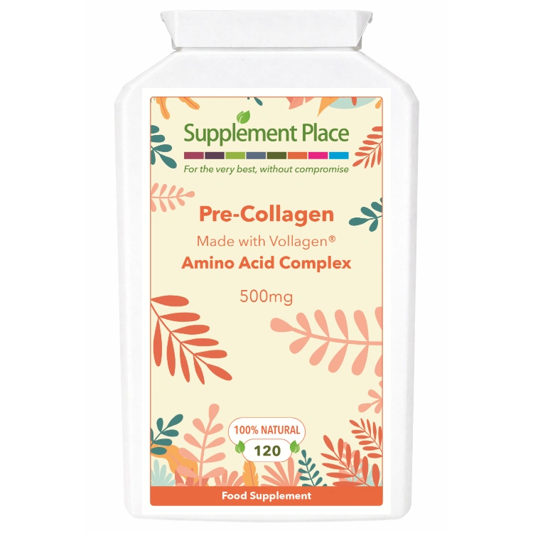 Pre-collagen, 500mg amino acid complex, vegan collagen. 120 capsules supplied in a recyclable, letterbox-friendly pots.