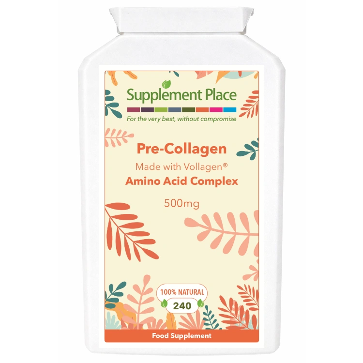 Pre-collagen, 500mg amino acid complex, vegan collagen. 240 capsules supplied in a recyclable, letterbox-friendly pots.