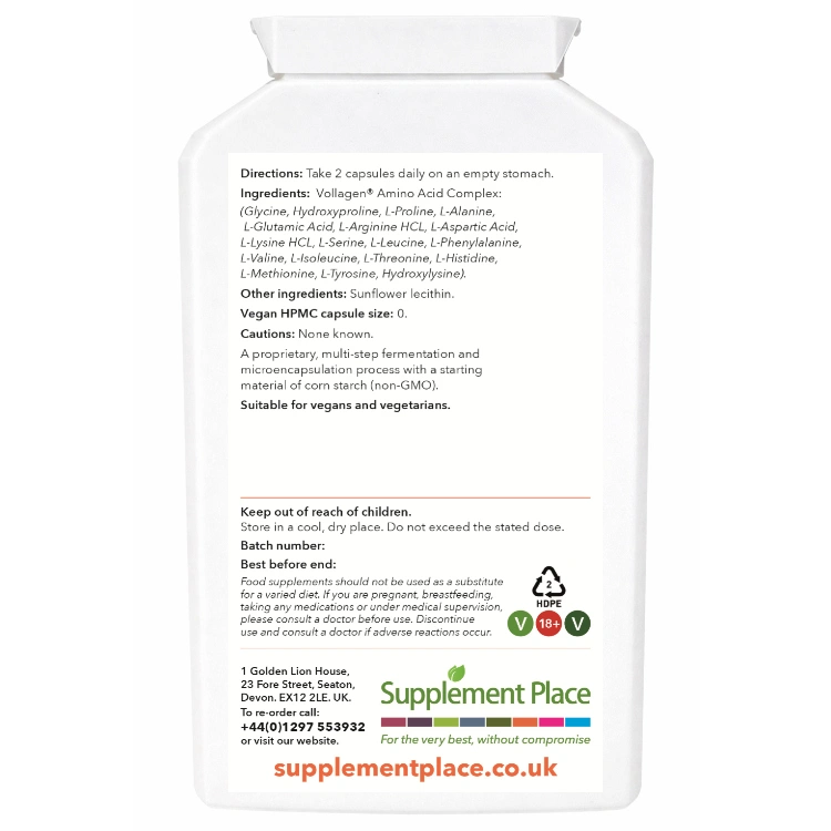 Pre-Collagen, vegan-friendly amino acid complex, vegan-collagen. supplied in a recyclable, letterbox-friendly pots. Large pot, rear label.