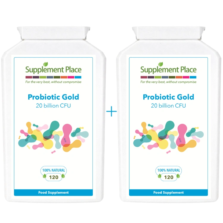 Probiotic Gold, 20 billion CFU. 240 capsules supplied in 2 x recyclable, letterbox-friendly pots.