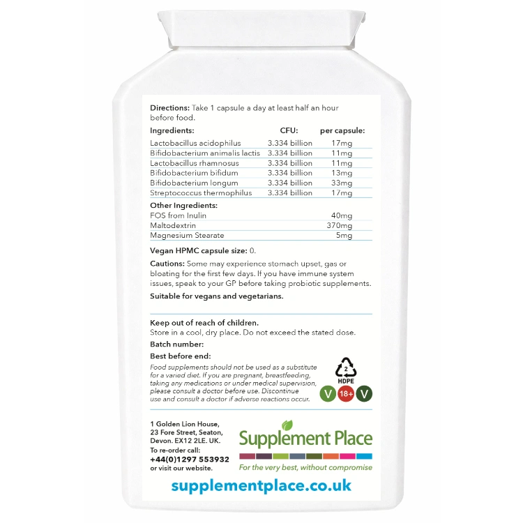 Probiotic gold, 20 billion cfu. supplied in a recyclable, letterbox-friendly pots. Large pot, rear label