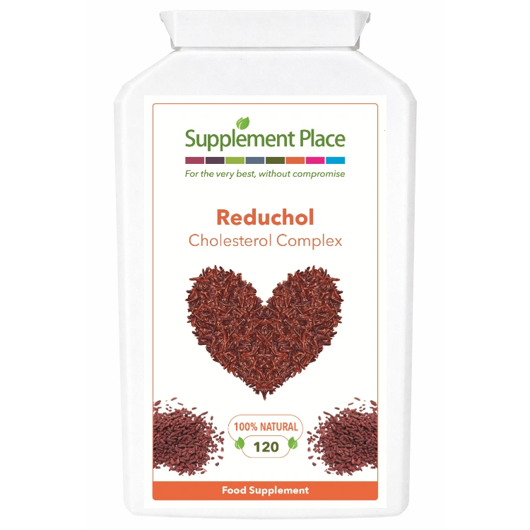 Reduchol, cholesterol complex - red yeast rice, pine bark, coq10. 120 capsules supplied in a recyclable, letterbox-friendly pots. Large pot, rear label