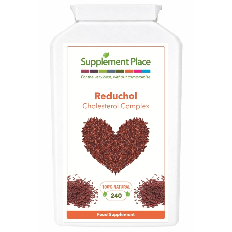 Reduchol, cholesterol complex - red yeast rice, pine bark, coq10. 240 capsules supplied in a recyclable, letterbox-friendly pots. Large pot, rear label