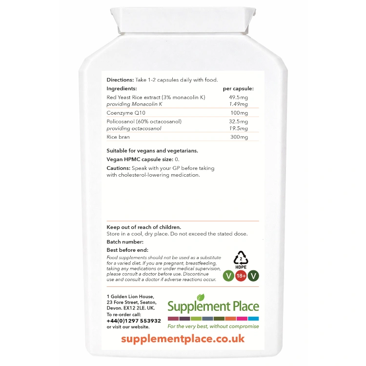 Reduchol, cholesterol complex - red yeast rice, pine bark, coq10. supplied in a recyclable, letterbox-friendly pots. Large pot, rear label