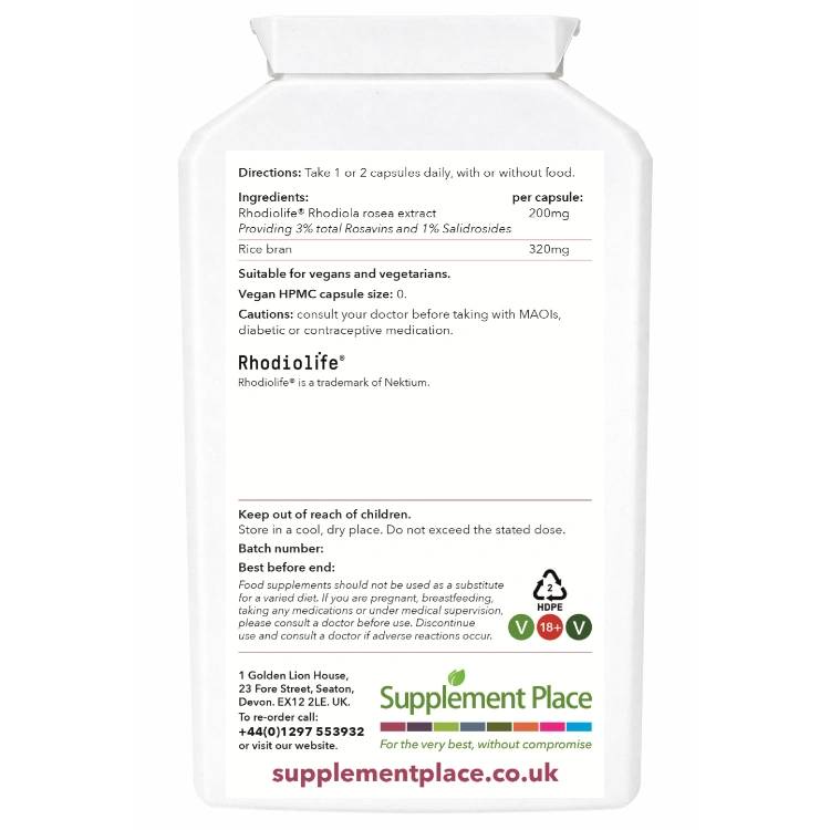 Rhodiola Rosea, 200mg, 3% rosavings, 1% salidrosides, supplied in a recyclable, letterbox-friendly pots. Large pot, rear label