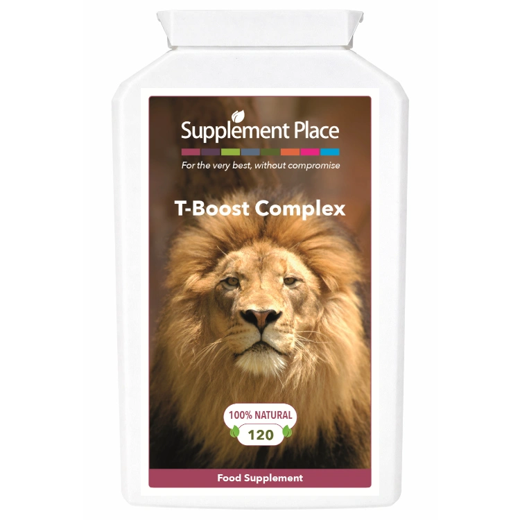 T-Boost complex, men's health supplement. 120 capsules supplied in a recyclable, letterbox-friendly pots.