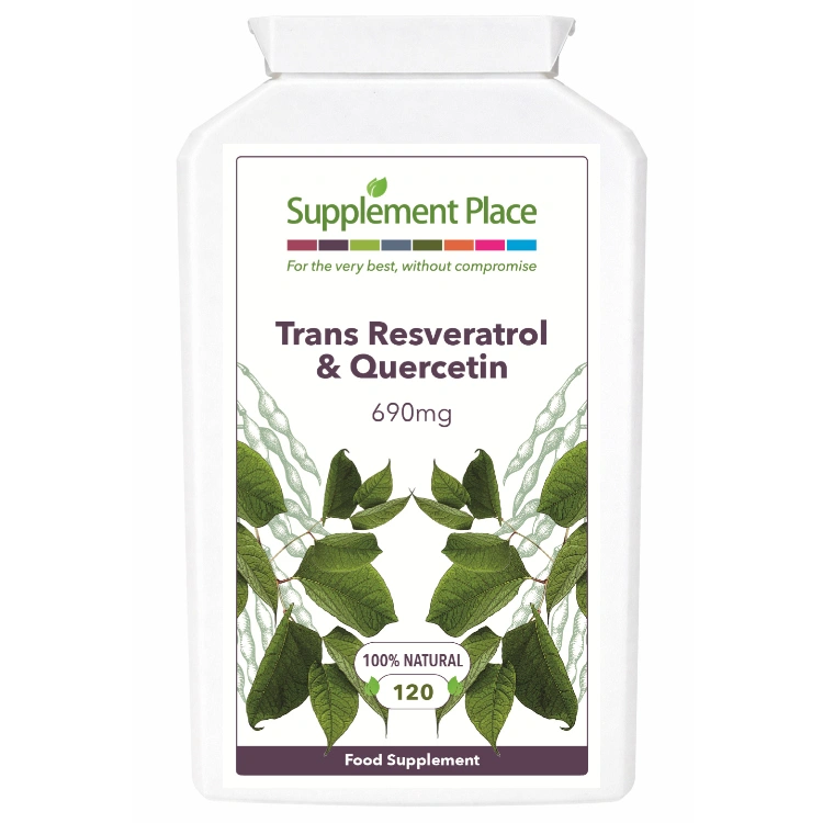 Trans-resveratrol + quercetin. 490mg resveratrol + 200mg querceting. 120 capsules Supplied in 1 x recyclable, letterbox-friendly pots.