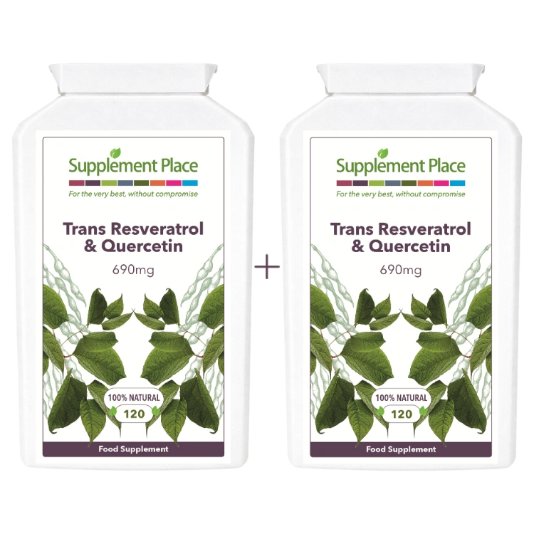 Trans-resveratrol + quercetin. 490mg resveratrol + 200mg querceting. 240 capsules Supplied in 2 x recyclable, letterbox-friendly pots.