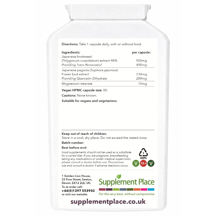 Trans-resveratrol + quercetin. 490mg resveratrol + 200mg querceting. Supplied in recyclable, letterbox-friendly pots.