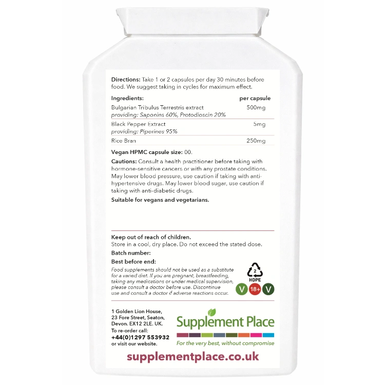 Bulgarian tribulus terrestris, 500mg capsules, 60% saponins, 20% protodioscin. 5mg black pepper extract. Supplied in recyclable, letterbox-friendly pots.