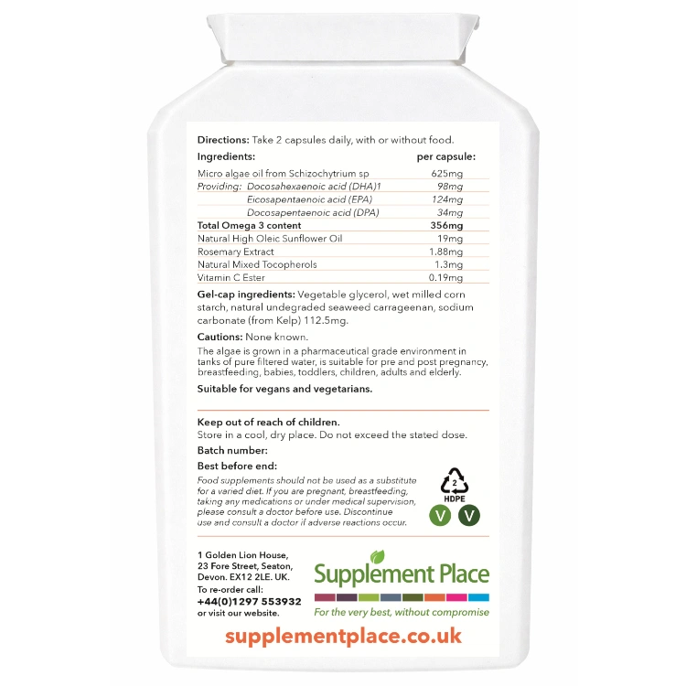Vegan omega 3 capsules sourced from algae. Providing 98mg DHA, 124mg EPA, 34mg DPA. Supplied in recyclable, letterbox-friendly pots.