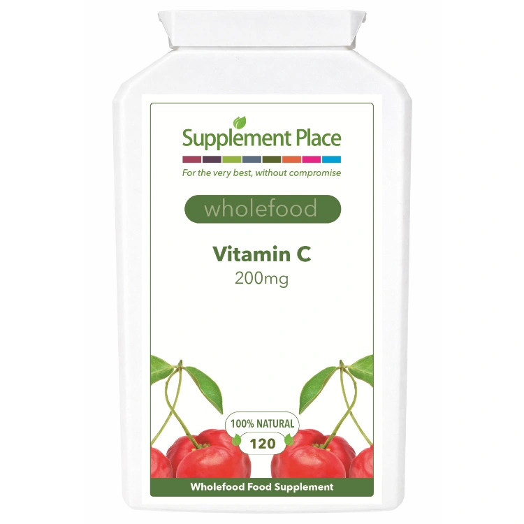 Wholefood Vitamin C sourced from acerola cherries providing 200mg vitamin C. 120 capsules supplied in 1 x recyclable, letterbox-friendly pots. Large pot. rear label.