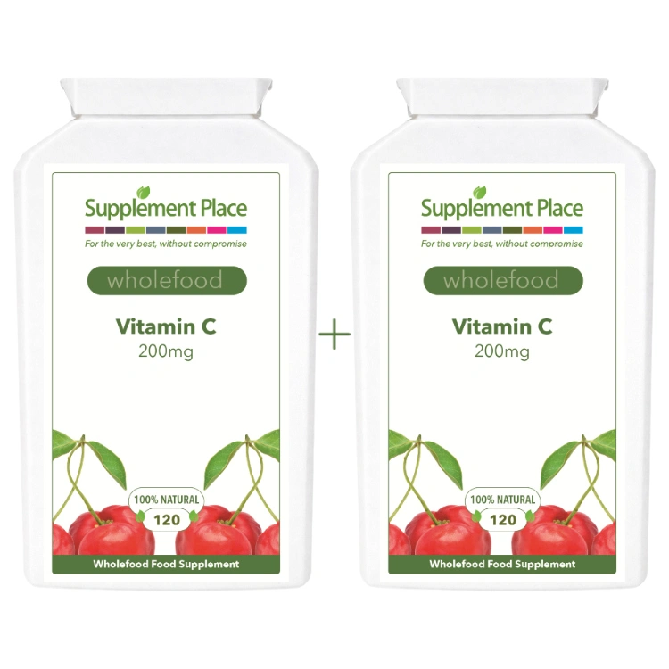 Wholefood Vitamin C sourced from acerola cherries providing 200mg vitamin C. 240 capsules supplied in 2 x recyclable, letterbox-friendly pots. Large pot. rear label.