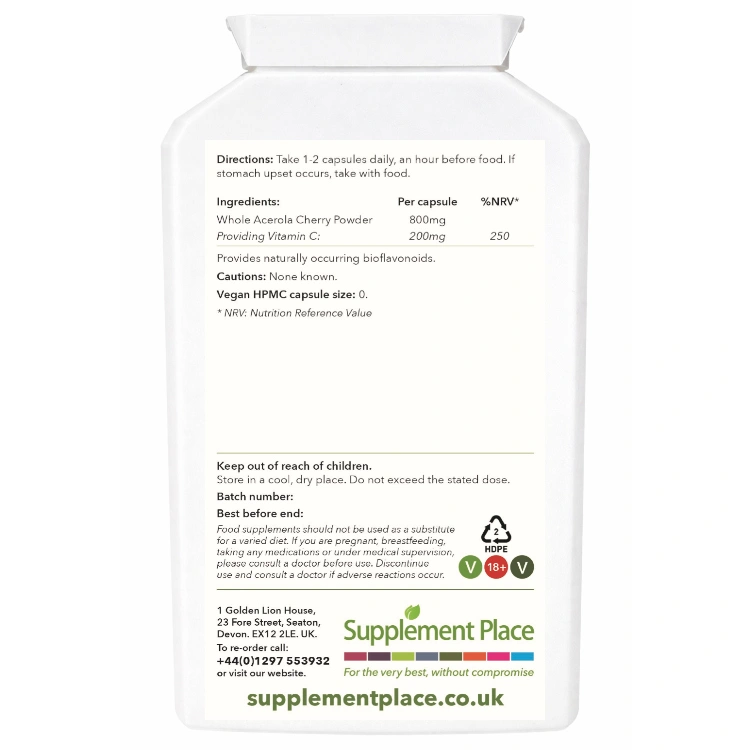 Wholefood Vitamin C sourced from acerola cherries providing 200mg vitamin C. supplied in recyclable, letterbox-friendly pots. Large pot. rear label.
