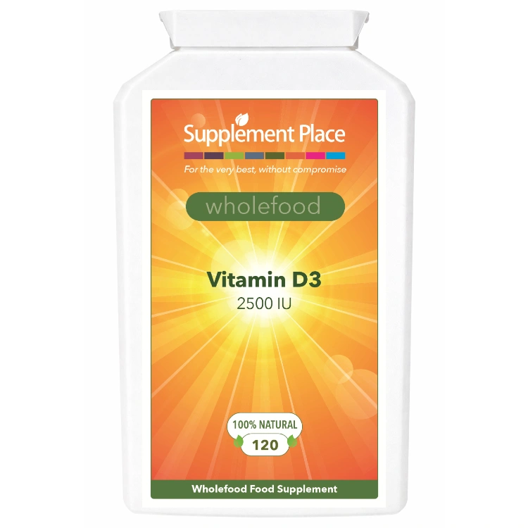 Wholefood Vitamin D3 sourced from buckwheat, gluten-free. 2500 IU per capsule. 120 capsules supplied in 1 x recyclable, letterbox-friendly pot.