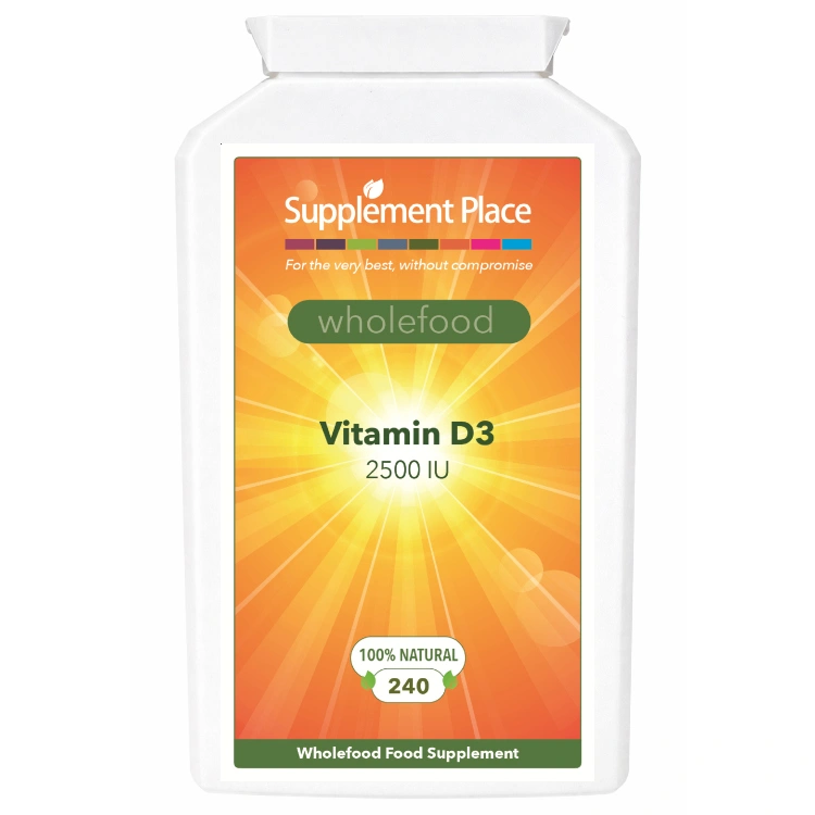 Wholefood Vitamin D3 sourced from buckwheat, gluten-free. 2500 IU per capsule. 240 capsules supplied in 1 x recyclable, letterbox-friendly pot.