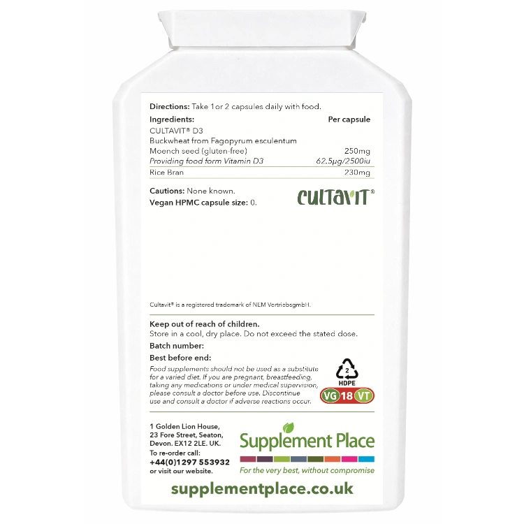 Wholefood Vitamin D3 from buckwheat, gluten-free. 2500IU. Supplied in Vitamin K2, MK7 - 200mcg. 240 capsules supplied in recyclable, letterbox-friendly pots.