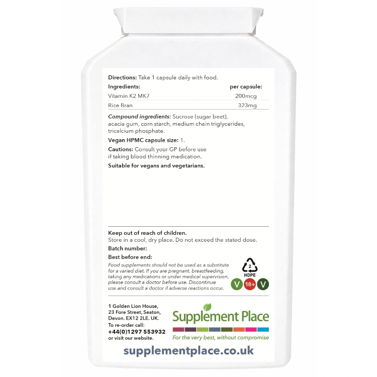 Vitamin K2, MK7 200mcg. Supplied in recyclable, letterbox-friendly pots.