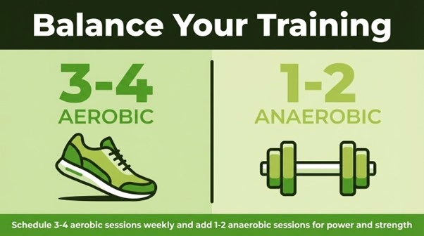 Aim for 3-4 aerobic sessions and 1-2 anaerobic sessions weekly.