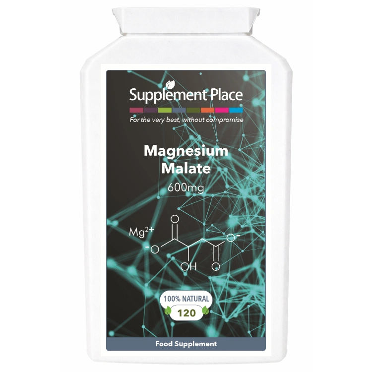 Magnesium Malate 600mg providing 100mg elemental magnesium. 120 capsules supplied in a recyclable, letterbox friendly pots.