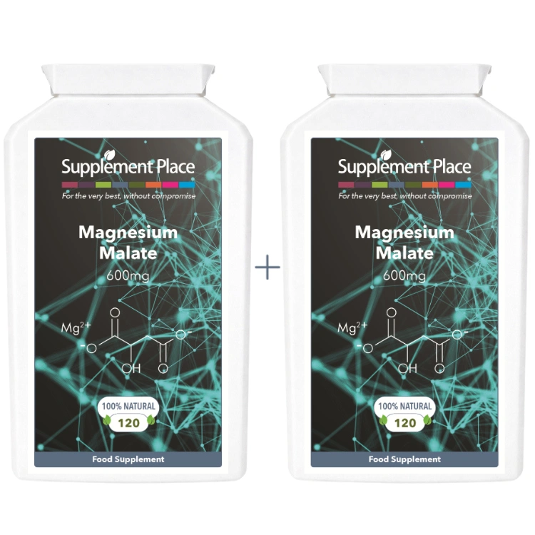 Magnesium Malate 600mg providing 100mg elemental magnesium. 240 capsules supplied in 2 x recyclable, letterbox friendly pots.