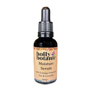 Moisture serum with natural plant-based ingredients 30ml. Supplied in a blue glass, recyclable bottle with a pipette