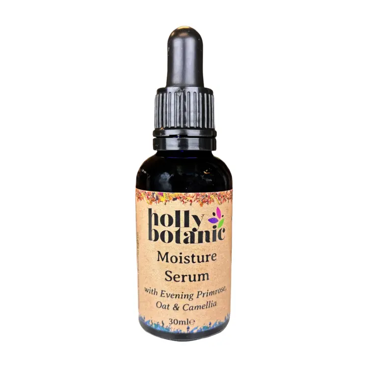 Moisture serum with natural plant-based ingredients 30ml. Supplied in a blue glass, recyclable bottle with a pipette