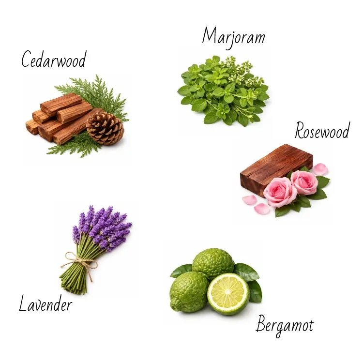 Sleep mist scent profile. A blend of cedarwood, marjoram, rosewood, lavender and bergamot.