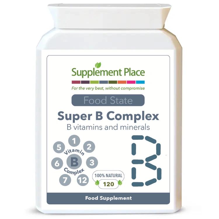 Super B Complex, B1, B2, B3, B5, B6, B7, B9 and B12 as well as an array of minerals.120 capsules supplied in a recyclable, letterbox-friendly pot.