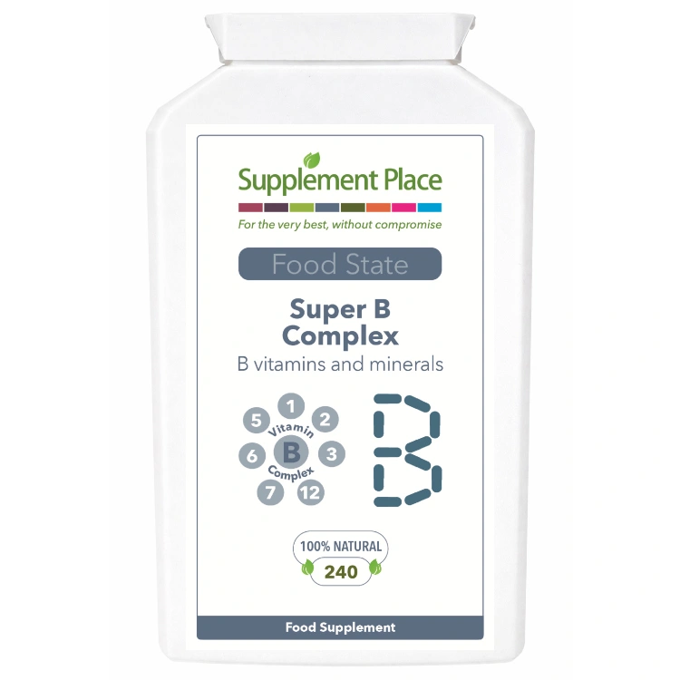 Super B Complex, B1, B2, B3, B5, B6, B7, B9 and B12 as well as an array of minerals.240 capsules supplied in a recyclable, letterbox-friendly pot.