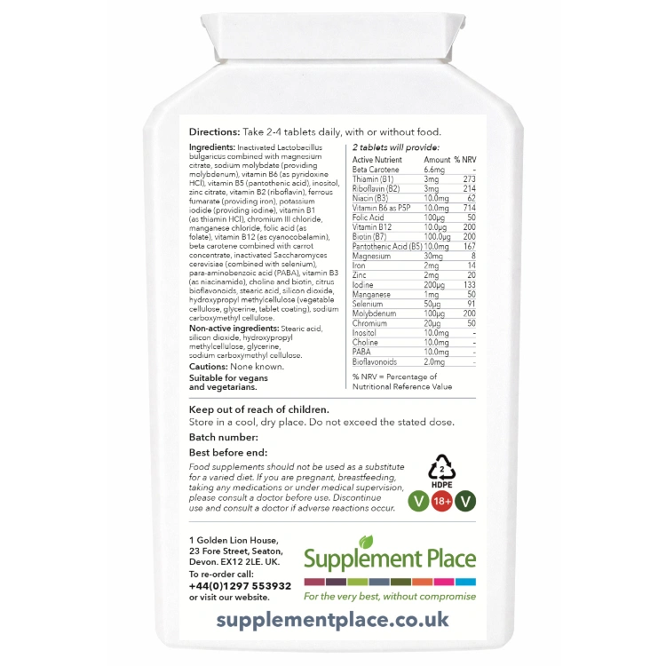 Super B Complex, B1, B2, B3, B5, B6, B7, B9 and B12 as well as an array of minerals. Supplied in recyclable, letterbox-friendly pots. Large pot, rear label