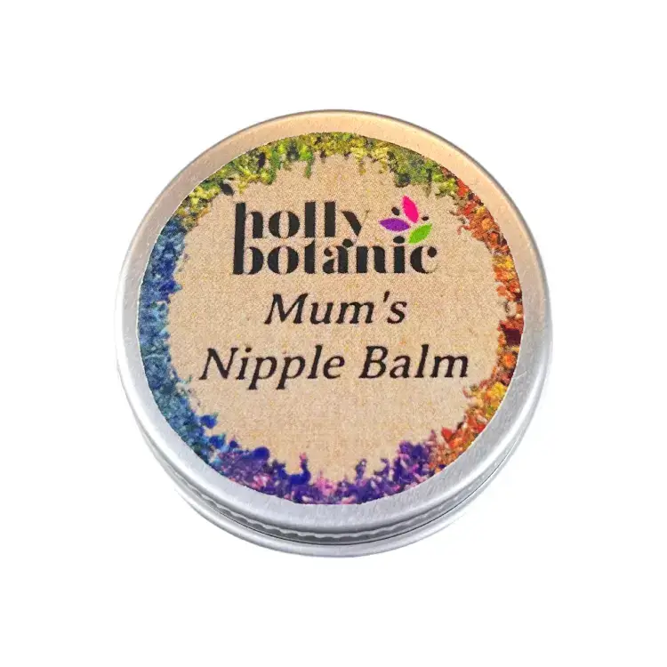 Mum's nipple balm. natural, vegan, cruelty-free balm for sore nipples. Supplied in a recyclable, alluminium, 15g tin. Closed tin